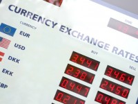 A fragment of the currency exchange rates board, window display,